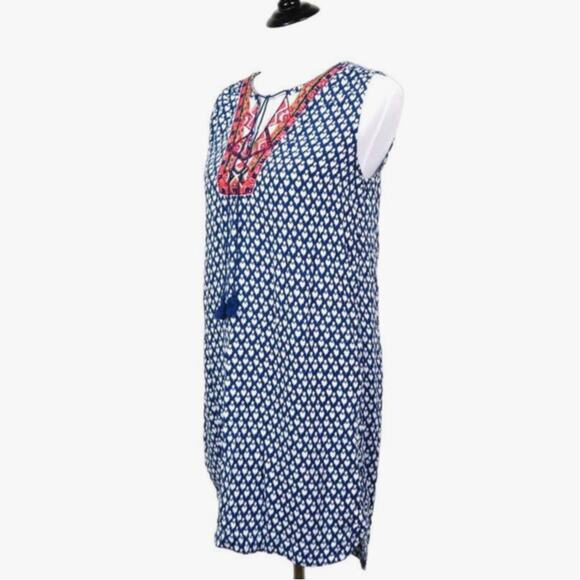 BeachLunchLounge Size M Kayla Shift Dress Boho Patterned Blue White - Picture 1 of 10